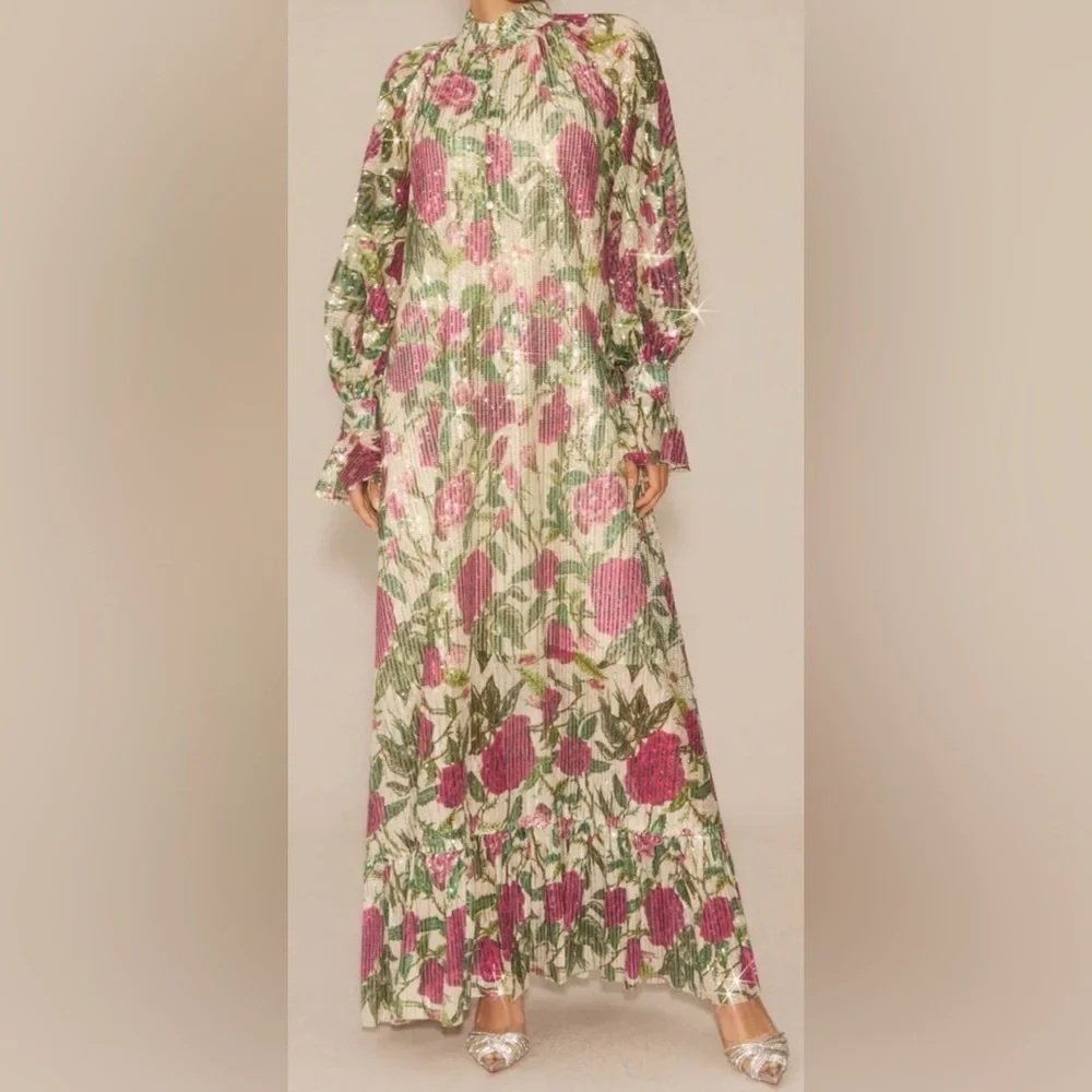 Chic Long Sleeve Floral Dress in Pink and Green - Picture 1 of 4